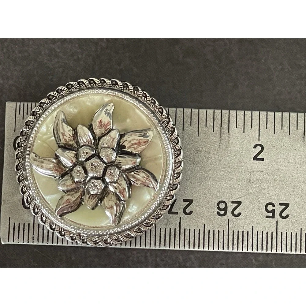 Vintage‎ Silver Circle Scarf Clip Mother Of Pearl Made in West Germany